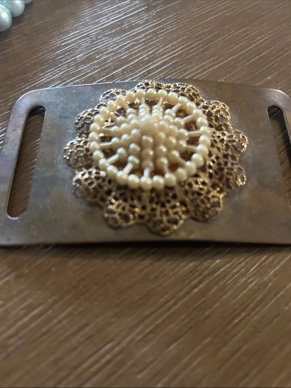 Vintage Faux Pearl Filigree Belt Buckle - Cream & Gold